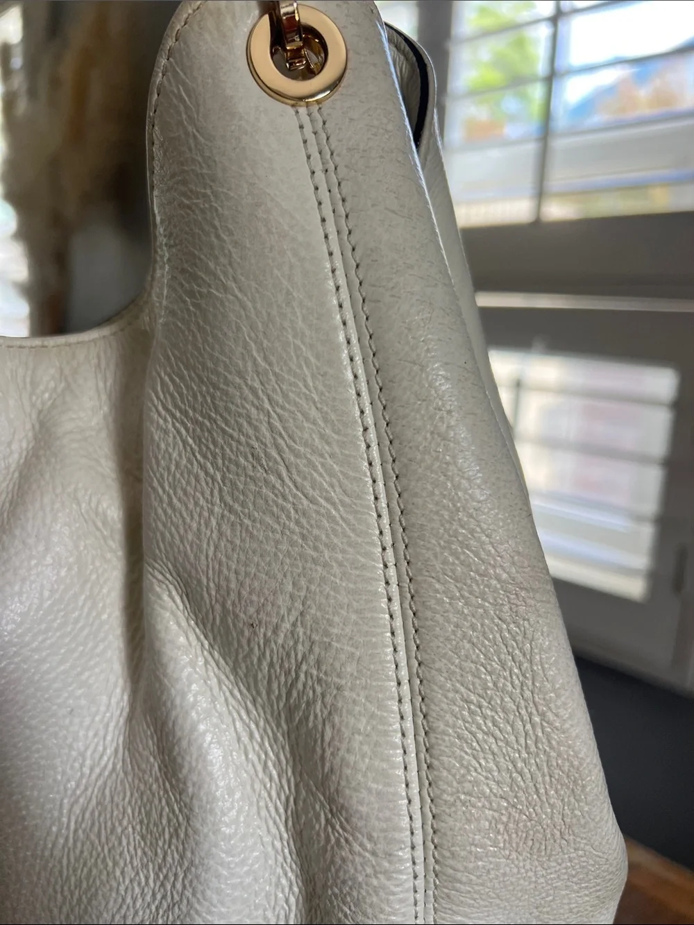 Michael Kors Ivory Pebbled Leather Shoulder Hobo with Gold MK Logo